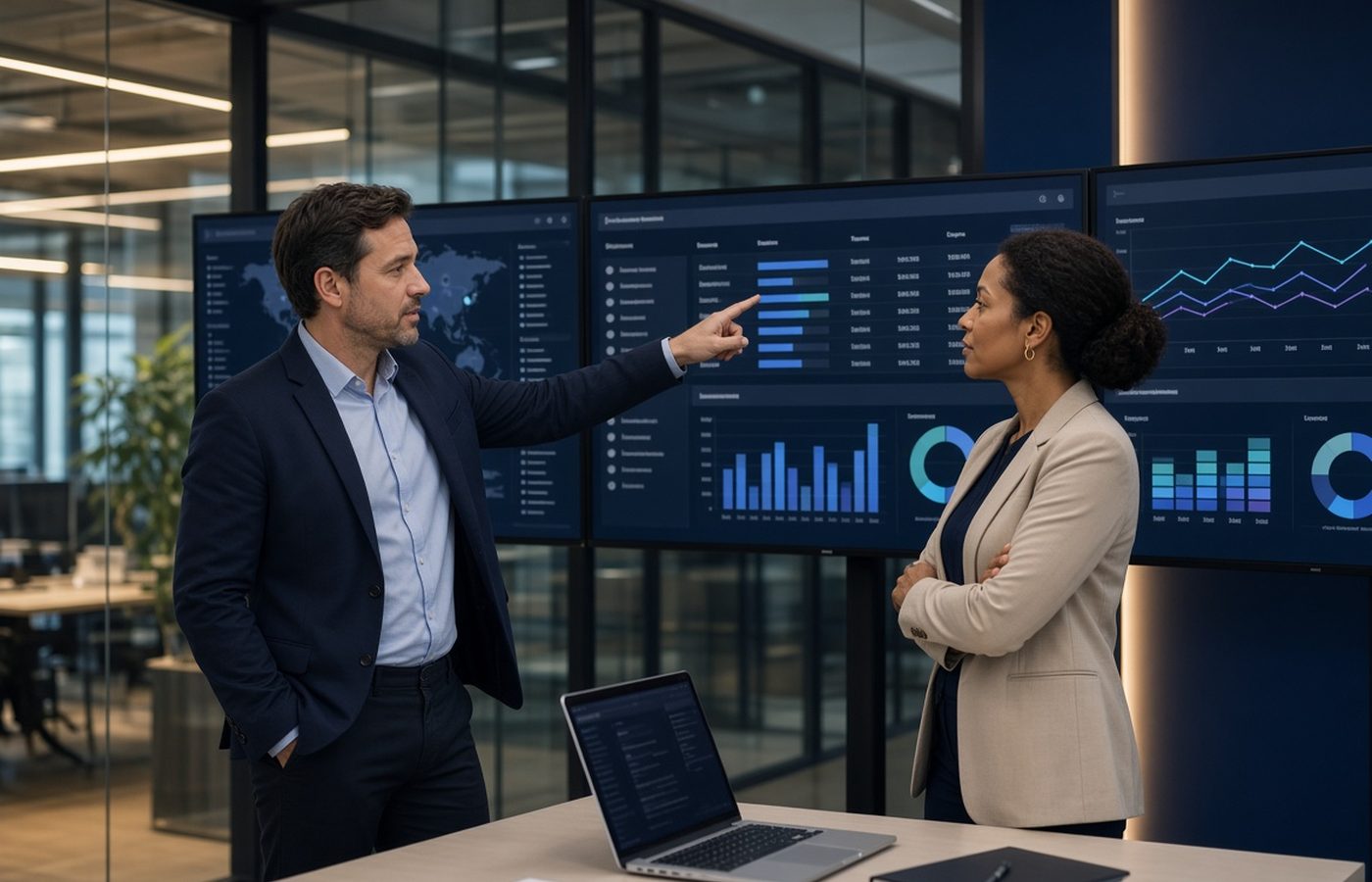 Consultants reviewing performance dashboards