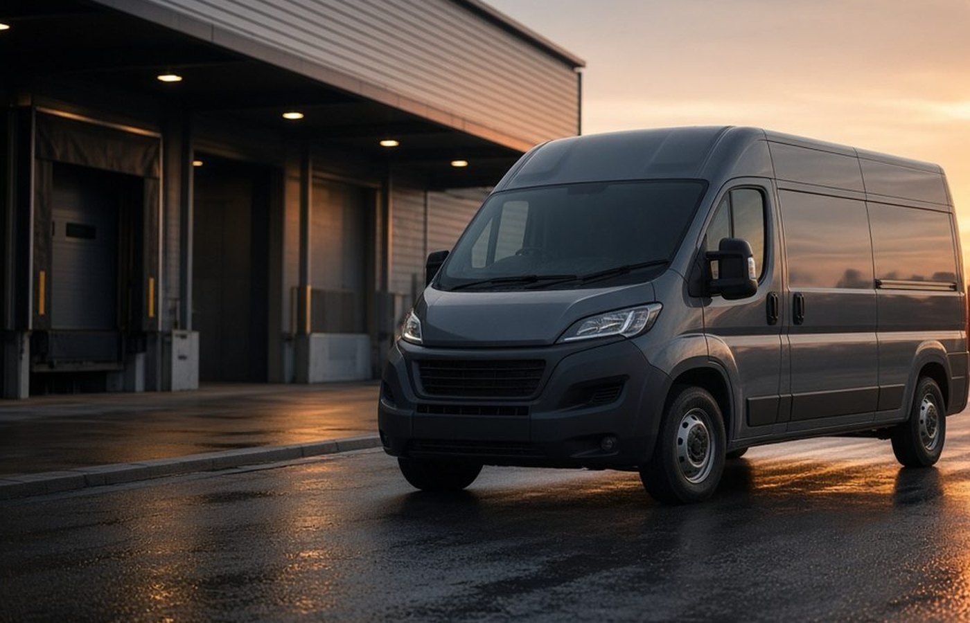 Delivery van parked at a depot loading dock