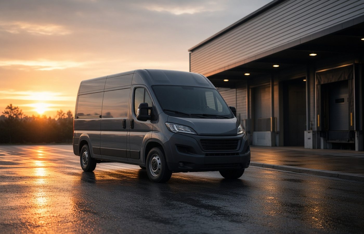 Last-mile delivery van at a depot at sunrise