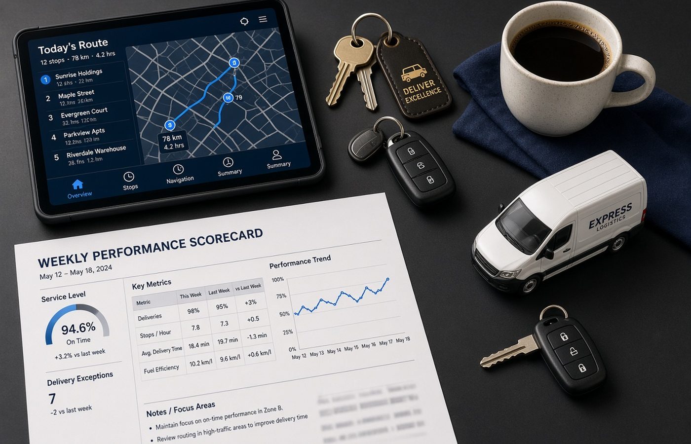 Weekly performance scorecard and route planning tools